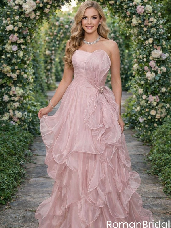 Classy Rose Pink Organza Ball Gown Featuring Oversized Floral Shoulder Detail,OLP1898