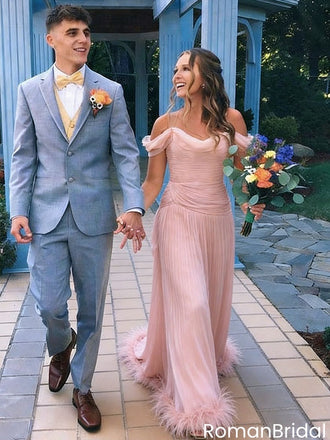 Elegant Off-Shoulder Pink Prom Gown Pleated Chiffon Maxi Dress with Feather Trim,OLP1879