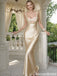 Fancy Gold Satin Prom Dress Drape Neck Bow Detail Long Evening Gown,OLP1924