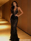 Sexy V Neck Black Prom Dress Sheer Lace Bodice Feather Trim Mermaid Occasion Gown,OLP2060