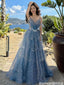 Dreamy Dusty Blue Tiered Prom Gown Beaded Tulle Spaghetti Strap Dress,OLP2031
