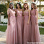 Romantic Dusty Rose Tulle Bridesmaid Dresses with Bow Sash Off-Shoulder Fairy Gowns,BG955