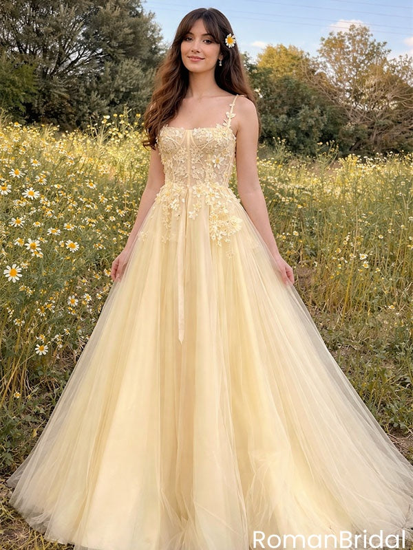 Unique Champagne Tulle Prom Gown Floral Applique Corset Straps Ball Skirt,OLP2118
