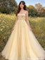 Unique Champagne Tulle Prom Gown Floral Applique Corset Straps Ball Skirt,OLP2118