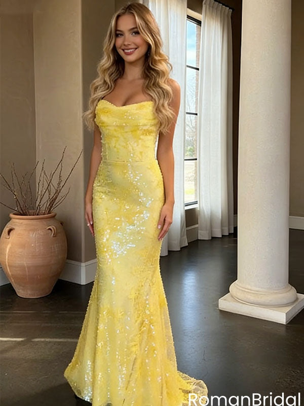 Beautiful Yellow Shimmer Prom Dress Cowl Neck Glitter Fitted Party Gown,OLP2087