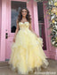 Fancy Yellow Tulle Tiered Ball Gown Lace Bodice Sweetheart Neck Prom Dress,OLP2050
