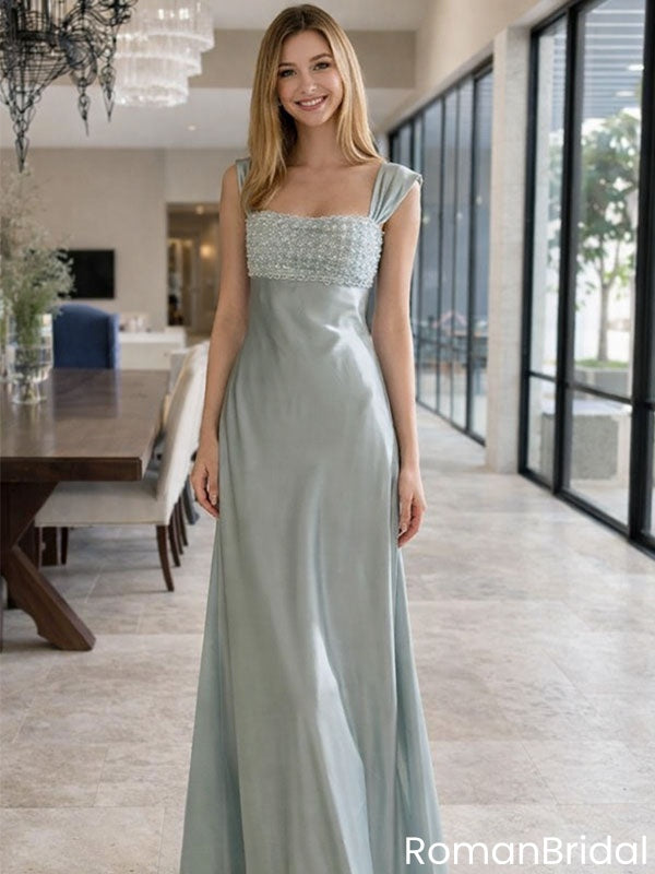 Pretty Ice Blue Empire Waist Prom Dress Beaded Bodice Sleeveless Formal Gown,OLP1912