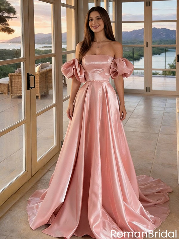 Modern Pink Satin Prom Gown Off Shoulder Puff Sleeve Elegant Ball Gown,OLP2177