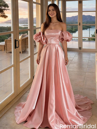 Modern Pink Satin Prom Gown Off Shoulder Puff Sleeve Elegant Ball Gown,OLP2177
