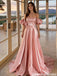 Modern Pink Satin Prom Gown Off Shoulder Puff Sleeve Elegant Ball Gown,OLP2177