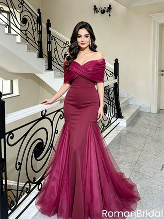 Elegant Burgundy Red Off-the-Shoulder Twist Front Tulle Mermaid Prom Dress,OLP2218