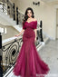 Elegant Burgundy Red Off-the-Shoulder Twist Front Tulle Mermaid Prom Dress,OLP2218