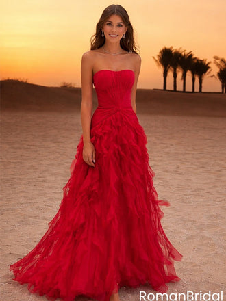 Modern Red Pleated Prom Dress Strapless Sweetheart Ruffled Floor Length Gown,OLP2094