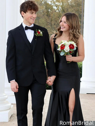 Sleek Black Mermaid Prom Dress with High Slit plus Floral Strap Detail,OLP2039