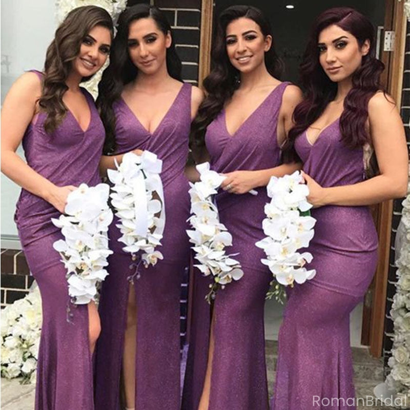 Sexy Purple V-Line Sleeveless Mermaid Long Bridesmaid Dresses Online, BG908