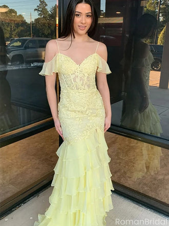 Elegant Yellow Spaghetti Strap Mermaid Long Prom Dress Ideas, Evening Party Dresses, OLP1576