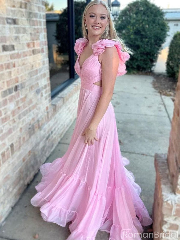 Unique Floral Applique Pink Prom Dress Ruched Bodice Flowy A-Line Evening Gown,OLP1828