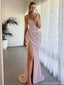 Sparkly Pink Sequin High Slit Prom Gown Strapless Ruched Formal Evening Dress,OLP1822