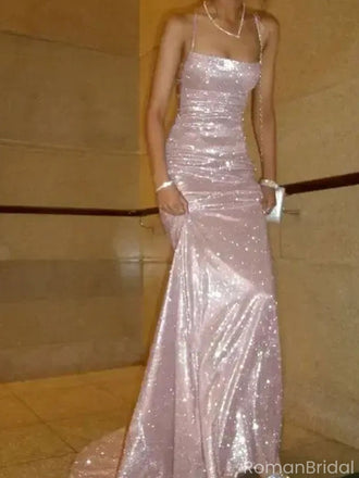 Sparkly Pink Spaghetti Strap Mermaid Long Prom Dress Ideas, Evening Party Dresses, OLP1656