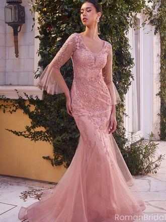 Unique Pink Lace Long Sleeve Mermaid  Long Prom Dress Ideas, Evening Party Dresses, OLP1333