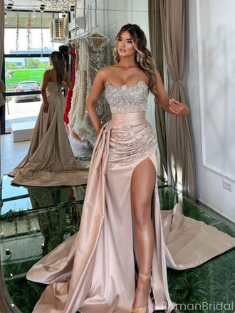 Sexy Pink Sweetheart Sleeveless Mermaid Side Slit Long Prom Dress Ideas, Evening Party Dresses ,OLP1198