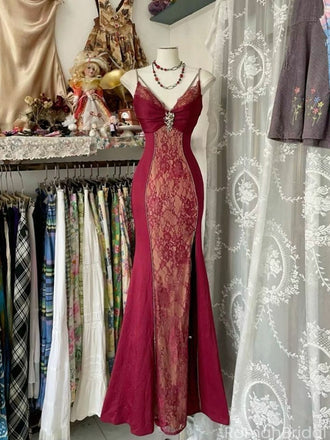 Elegant Red Spaghetti Strap Mermaid Long Prom Dress Ideas, Evening Party Dresses, OLP1311