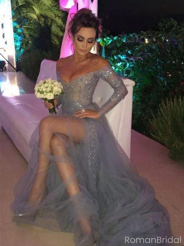 Sexy Gray V-Neck Long Sleeve Mermaid Long Prom Dress Ideas, Evening Party Dresses, OLP1552