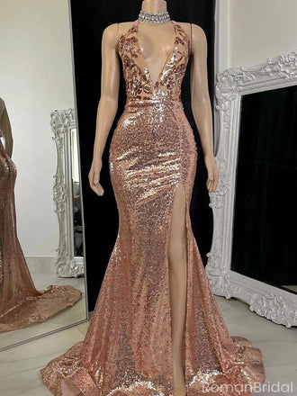 Sparkly Dusty Rose V-Neck Mermaid Long Prom Dress Ideas, Evening Party Dresses, OLP1615