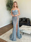 Sparkly Blue Sequin Prom Dress Strapless Side Slit Floor Length Mermaid Party Gown,OLP1721