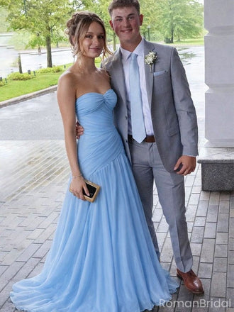Chic Light Blue Strapless Chiffon Prom Dress Pleated A-Line Formal Dance Wear,OLP1851