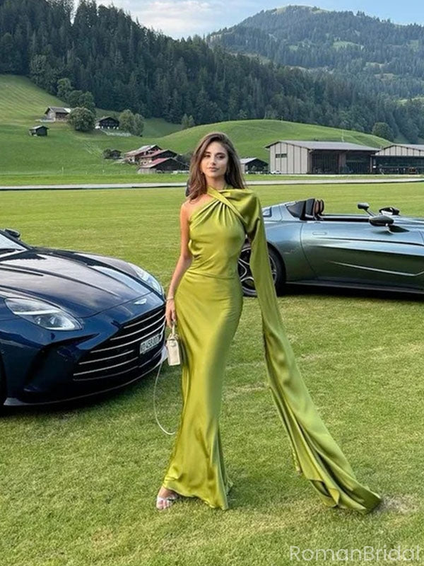 Elegant Green One-Shoulder Mermaid Long Prom Dress Ideas, Evening Party Dresses, OLP1253