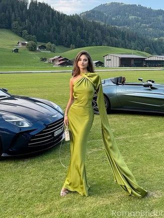 Elegant Green One-Shoulder Mermaid Long Prom Dress Ideas, Evening Party Dresses, OLP1253