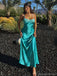 Fancy Teal Blue Satin Spaghetti-Strap Prom Dress with Side Slit,OLP1783