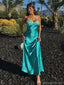 Fancy Teal Blue Satin Spaghetti-Strap Prom Dress with Side Slit,OLP1783
