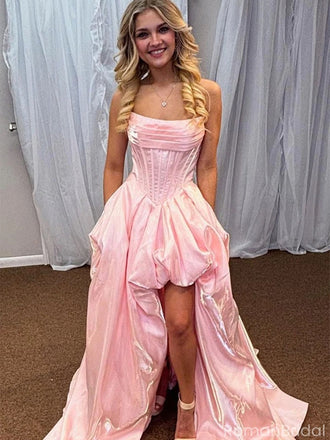Modern Pink Taffeta High-Low Prom Dress Corset Bodice Pleated Party Gown,OLP1800