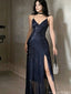 Sexy Navy Blue V-Neck Sequin Prom Gown Sparkling Sleeveless Sheath Dress with Slit,OLP1813