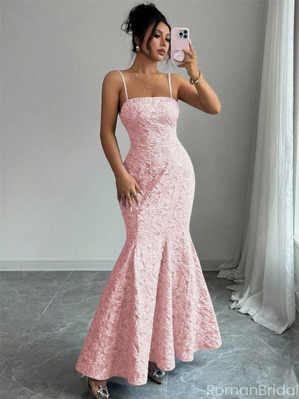 Elegant Applique Pink Spaghetti Strap Mermaid  Long Prom Dress Ideas, Evening Party Dresses, OLP1464
