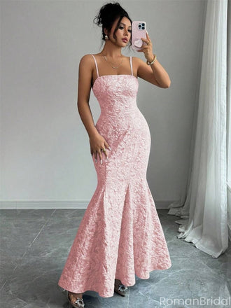 Elegant Applique Pink Spaghetti Strap Mermaid  Long Prom Dress Ideas, Evening Party Dresses, OLP1464