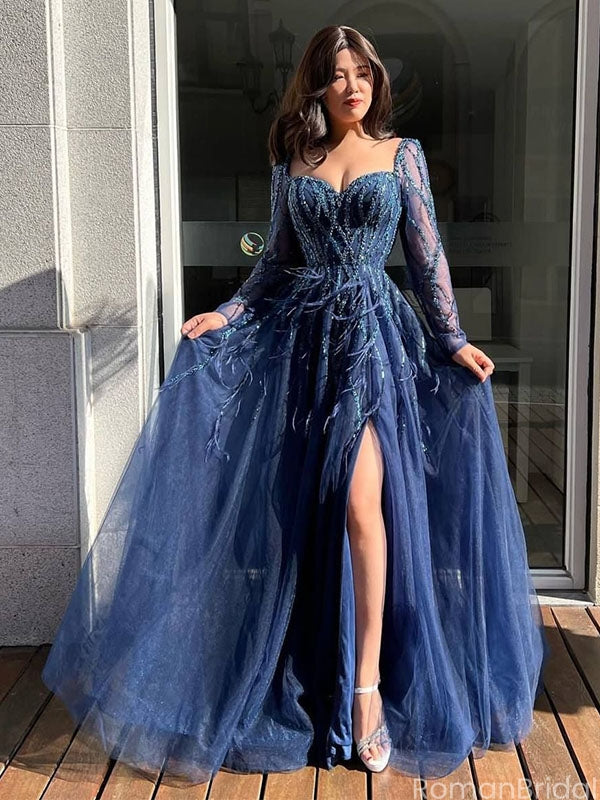 Unique Navy Blue Long Sleeve A-Line Long Prom Dress Ideas, Evening Party Dresses, OLP1564