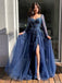 Unique Navy Blue Long Sleeve A-Line Long Prom Dress Ideas, Evening Party Dresses, OLP1564