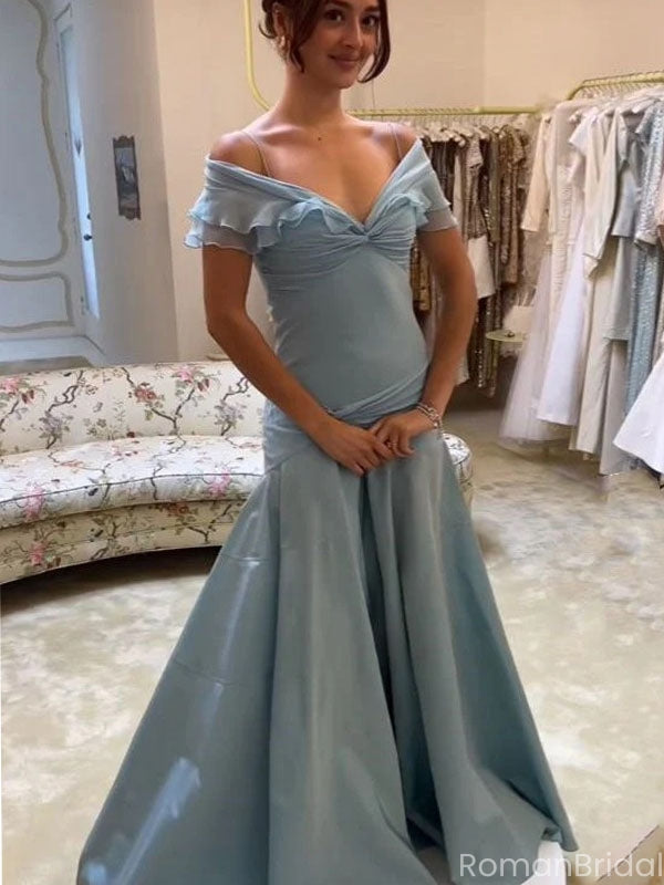 Elegant Blue Off-Shoulder Mermaid Long Prom Dress Ideas, Evening Party Dresses, OLP1477