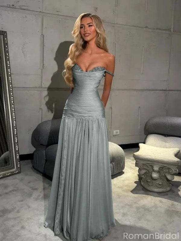 Sexy Sage Blue Ruched Prom Dress Off-the-Shoulder Floor Length Chiffon Pleated Evening Gown ,OLP1742