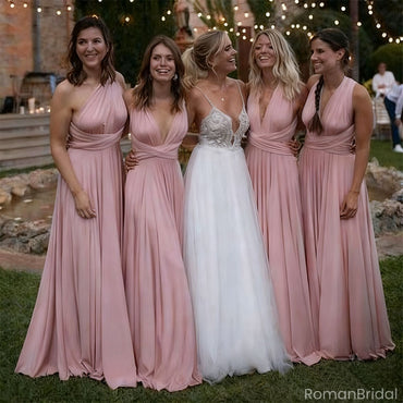 Sexy Pink V-Neck Sleeveless A-Line Long Bridesmaid Dresses Online, BG868