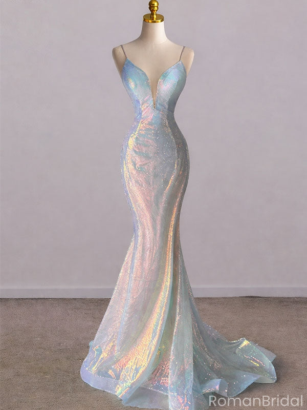 Sparkly Spaghetti Straps Mermaid V-neck Long Prom Dresses Online, OL709