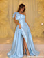 Modern Light Blue Prom Dresses One Shoulder Ruffle Sleeve A Line Satin Long Formal Gown,OLP2350