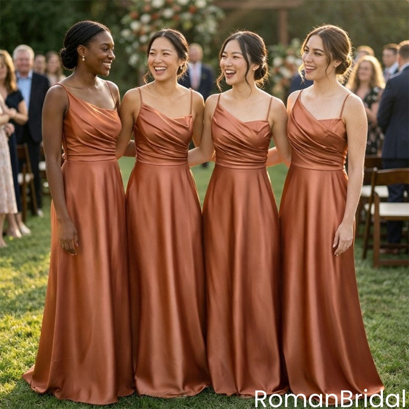Elegant Spaghetti Straps V-neck A-line Long Satin Bridesmaid Dresses, BG542