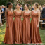 Elegant Spaghetti Straps V-neck A-line Long Satin Bridesmaid Dresses, BG542