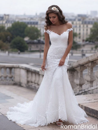 Charming Off Shoulder Sexy Mermaid White Lace Bridal Gown, Wedding Dresses, WD0058