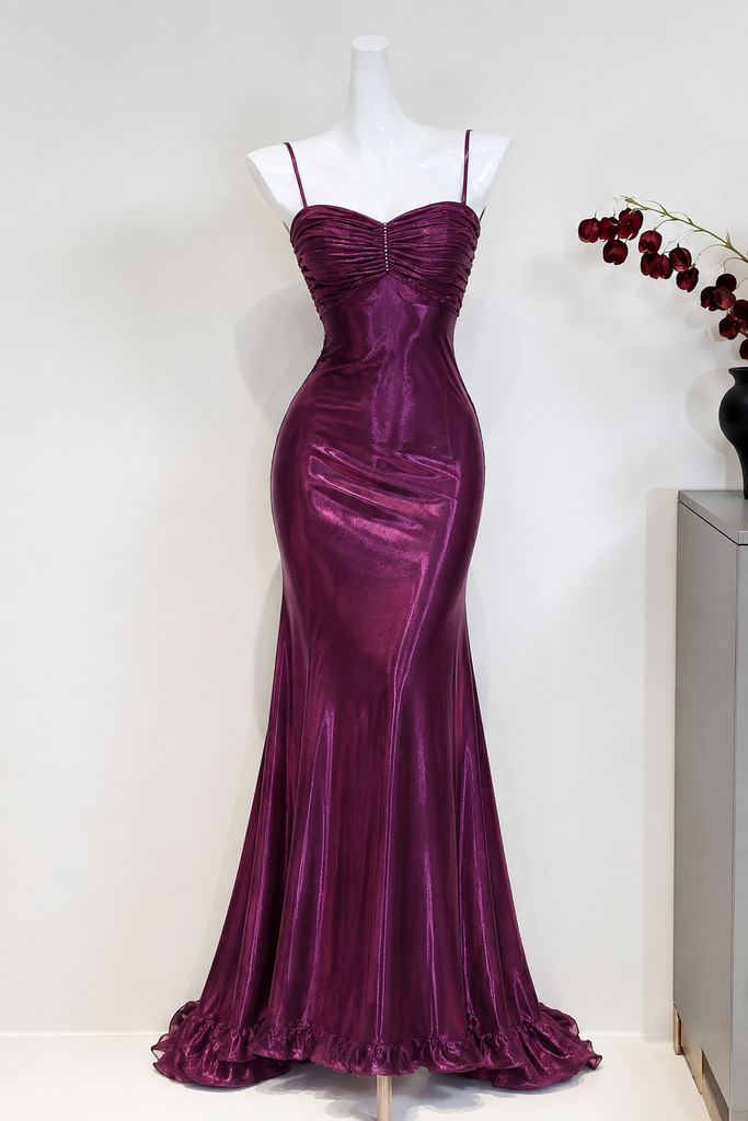 Stunning Purple Ruched Bodycon Prom Dress Spaghetti Straps Unique Party Gown,OLP2398
