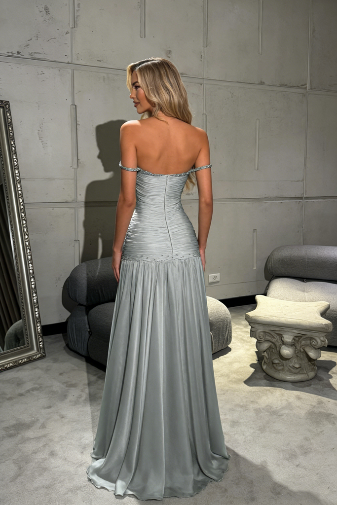 Sexy Sage Blue Ruched Prom Dress Off-the-Shoulder Floor Length Chiffon Pleated Evening Gown ,OLP1742